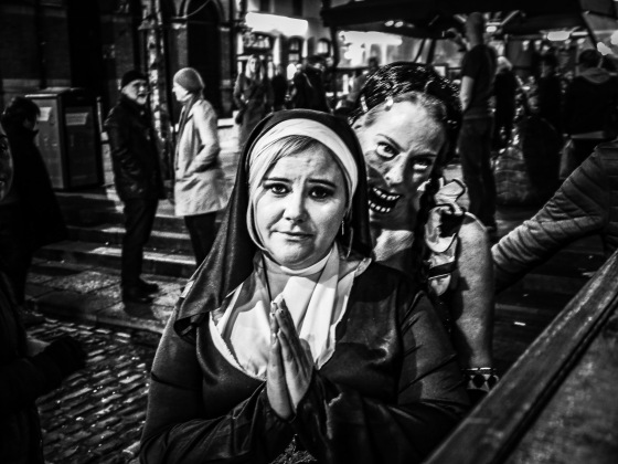 Young lady dresses up as a Nun in Dublin's Temple Bar for Halloween
